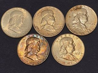 1948 D 1949 D 1952 1953 1963 D Franklin Silver Half Dollars 5 Coins Circ Au