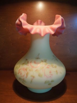 Fenton Burmese Hand Painted Ruffled Vase With Roses,  1970 