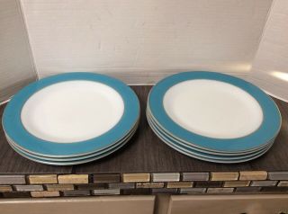 7 Vtg Pyrex Milk Glass Gold Turquoise Blue Rim 10” Mcm Dinner Plates