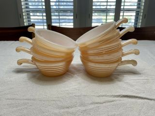 Vintage Fire King Oven Ware Handled Soup Bowl Bee Hive Peach Luster Set Of 9