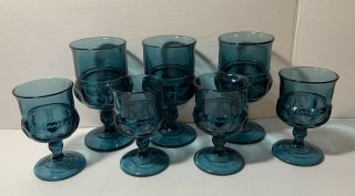 Set Of 7 Vtg Glass Thumbprint Teal Blue Kings Crown Goblets - 3 Large & 4 Small