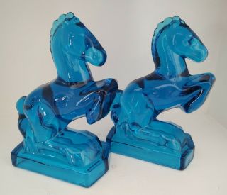 Vintage Le Smith Cobalt Blue Glass Rearing Horse Book Ends Bookends 8 " Tall