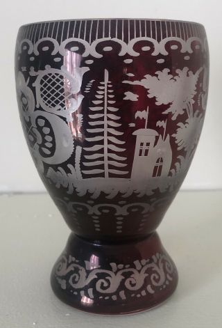 Egermann Bohemian Cut To Clear Ruby Red 5” Crystal Glass Vase