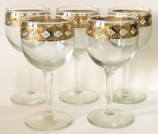 Vintage Culver Valencia Wine Glass 22k Gold Green Glasses Stemware Stems Set 5