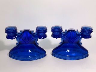 Vintage Pair 2 Cobalt Blue Glass Double Candle Holders Candlesticks Perfect 2