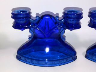 Vintage Pair 2 Cobalt Blue Glass Double Candle Holders Candlesticks Perfect 3