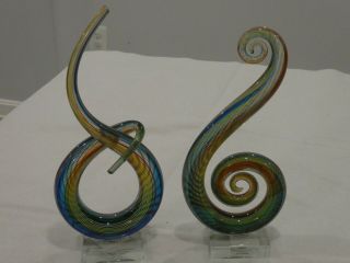 Set Of 2 Murano Abstract Swirl Art Glass Sculpture Hand Blown Multi - Color