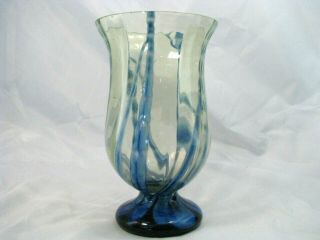 Vintage Hand Blown Glass Vase Blue Stripe Signed Czechoslovakia