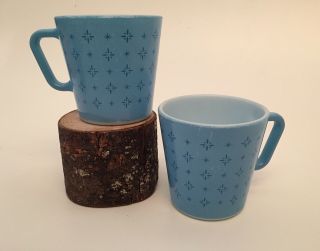 Vtg Pyrex Mug Foulard Pattern Turquoise Blue Atomic Star Burst Set Of 2