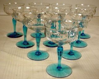 Vtg Set Of 10 Crystal Champagne Coup Glasses With Blue Stems And Base 5 - 1/4 " Tall
