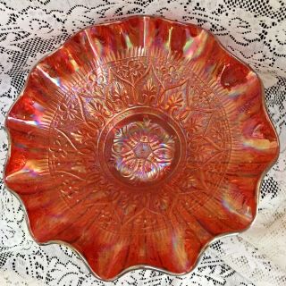 Fenton “hearts And Flowers” Red Carnival Glass 10” Bowl