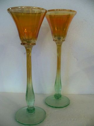 2 Rick Strini Signed Hand Blown Art Glass Iron Gold & Pale Green Wine Goblets