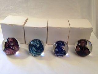 Set Of (4) Stunning Hand Blown Art Glass Paperweight Signed Swirls/bubbles Boxs