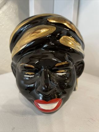 Vintage African Lady Head Vase Planter - Black Face W/ Gold Headwrap & Red Lips