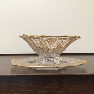 Vintage Cambridge Rose Point Gold Encrusted Candy Dish And Underplate