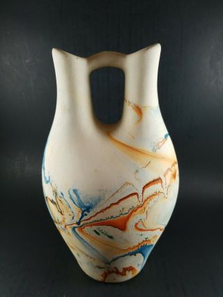 Nemadji Pottery Double Spout Wedding Vase 9 - 1/2 " Tall Blue/orange Swirl