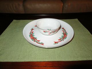 Tienshen - Poinsettia And Ribbons Fine China 2 Piece Chip & Dip Set