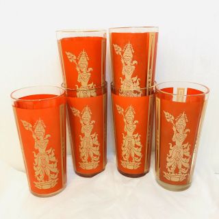 6 Vintage Culver Red Gold Siam Thai Goddess High Ball Glasses Tumblers G&t 1960s
