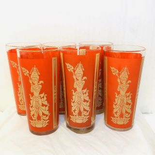 6 Vintage Culver Red Gold Siam Thai Goddess High Ball Glasses Tumblers G&T 1960s 2