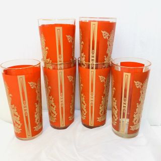 6 Vintage Culver Red Gold Siam Thai Goddess High Ball Glasses Tumblers G&T 1960s 3