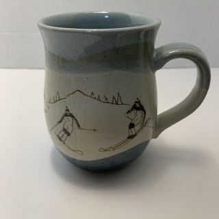 Vintage Otagiri Hand Crafted Japan Mug Cup Skiers Mountains Snow Blue