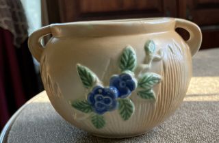 Vintage Morton Pottery Small Handled Planter W Blue Flower
