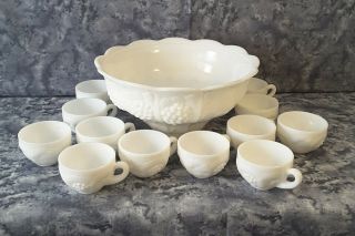 Early Westmoreland Paneled Grapes Milk Glass Punch Bowl Set With 12 Cups