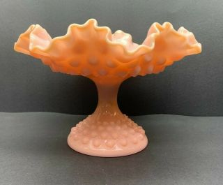 Vintage 1950s Fenton Pink Milk Glass Hobnail Footed Compote