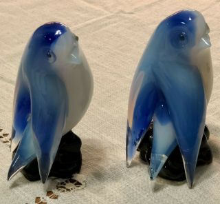 Vintage Murano Style Art Glass Bluebird Figurines Blue And White 5 Inches Tall.