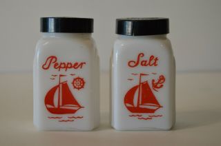 Mckee Vintage Salt And Pepper Shakers Red Sailboat Roman Arch Milk Glass Kitchen