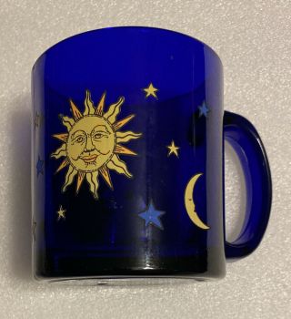 Vintage Libbey Coffee Mug Cobalt Blue Glass Celestial Sun Moon Stars Cup Usa