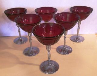 Ruby Red Martinsville Goblets - Chrome Stem - Set Of Six - Vintage