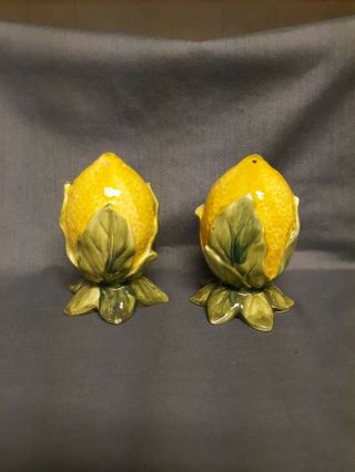 Majolica Lemon With Leaves Salt & Pepper Shakers Japan