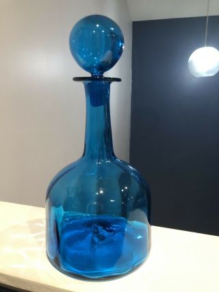 Large Blue Blenko Glass Decanter With Round Stopper 12” Tall Pontil