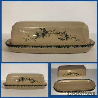 Home & Garden Party Butter Dish & Lid Magnolia Flower Pattern Floral Stoneware