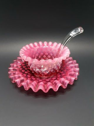 Vintage Fenton Pink Hobnail Opalescent Mayonnaise Bowl W/spoon