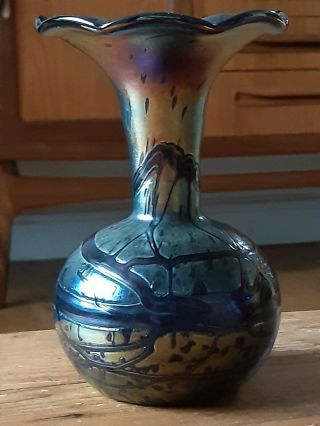 Antique Bohemian Art Nouveau Iridescent Amethyst Glass Vase Signed