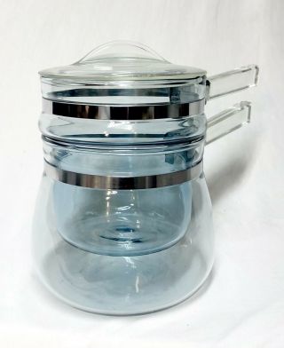 Vintage Pyrex Flameware Blue Tint Double Boiler 6762 U & L W/ Handles & Lid