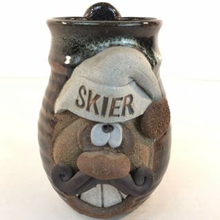 Mahon Stoneware Ugly Face Stein Mug 3d Art Pottery " Skier " Man Mustache