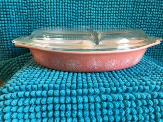 Vintage Pyrex Pink Daisy Divided Casserole Baking Dish With Lid 1.  5 Qt.