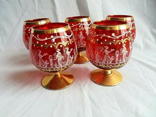 Vintage Mid Century Red Venetian Murano Italian Glass Sm Cognac Snifter Set Of 5