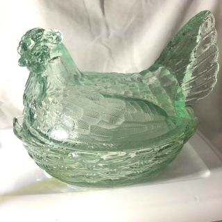 Vintage Indiana Glass Hen On A Nest Light Green Candy Dish