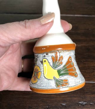 Vintage Eduardo Vega Hand Painted Pottery Bell W/ Bird & Flowers - Ecuador