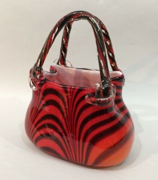 Murano Style Blown Glass Purse Vase Red Swirl 8 Inches Heavy