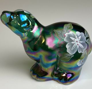 Fenton Glass Green Iridescent Hand Painted Polar Bear W2058 With Flowers