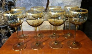8 Vintage Mid - Century Modern Pattern Gold Rimmed Wine Glasses Hand Painted Amber