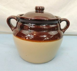 Monmouth Pottery Brown Tan Stoneware Crock Bean Pot With Lid Usa Cookie Jar