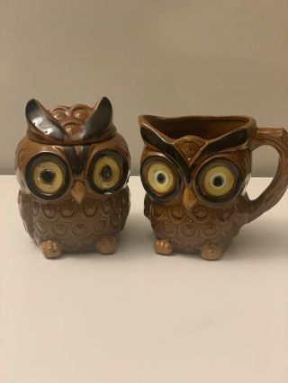 Vintage Owl Sugar And Cream Set Made In Japan