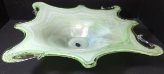 Vintage Large Lavorazione Arte Murano Textured Art Glass Green & White Bowl