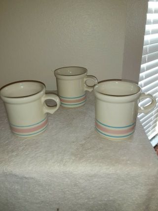3 Mccoy Pottery Coffee Cups Mugs Pink Blue Bands 1412 Usa 3 No Issues See Below